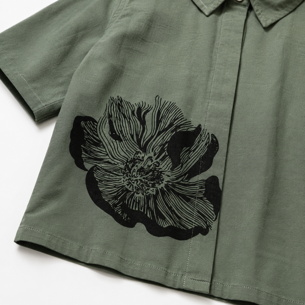 Girls’ Olive Green Floral Co-Ord Set with Cropped Shirt and Wide-Leg Pants