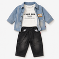 Boys’ 3-Piece Casual Outfit Set with Blue Denim Shirt, Printed T-Shirt and Black Pants
