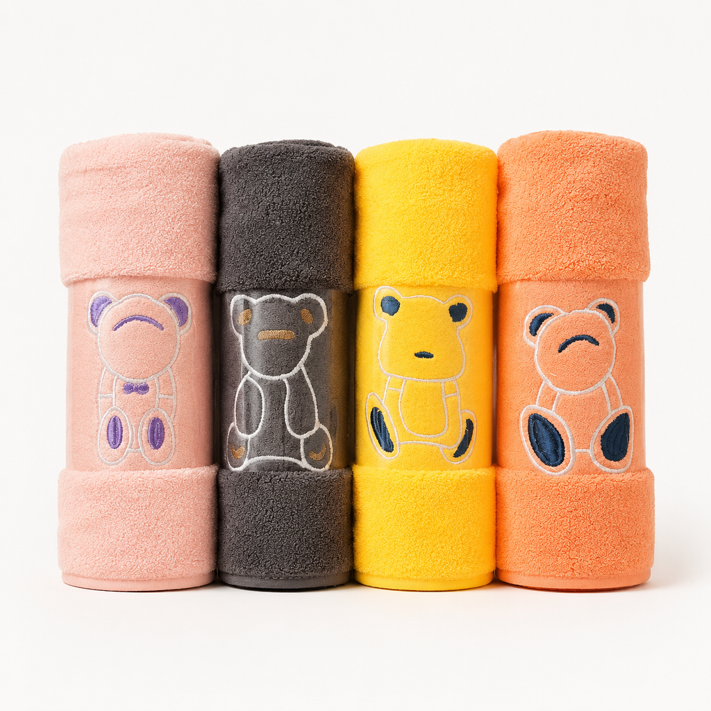 Kids’ Soft Terry Bath Towel with Embroidered Teddy Bear Design | Multiple Colour Options