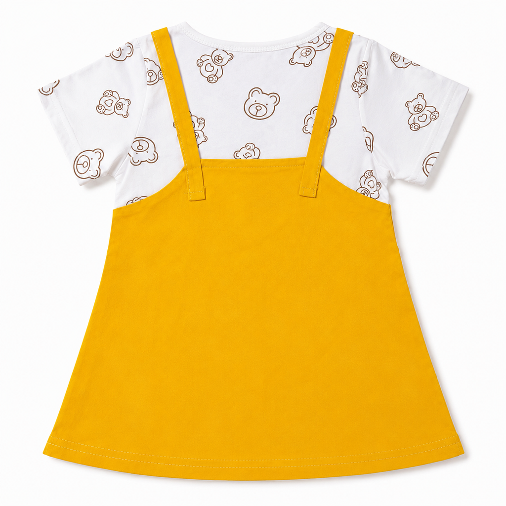 Baby Girls’ Mustard Yellow Pinafore Frock with Teddy Bear Print T-Shirt and Embroidered Details