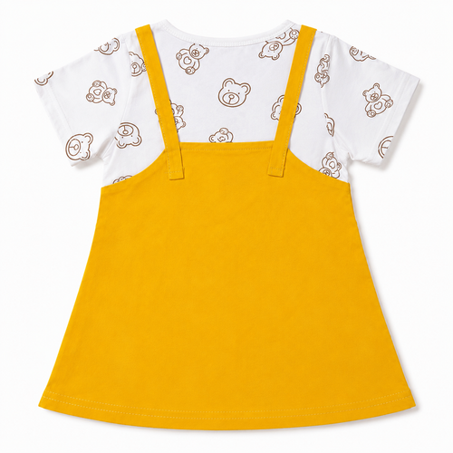 Baby Girls’ Mustard Yellow Pinafore Frock with Teddy Bear Print T-Shirt and Embroidered Details