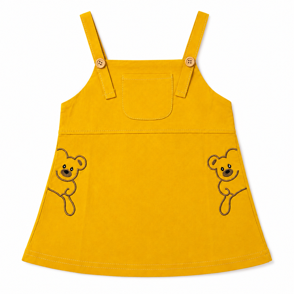 Baby Girls’ Mustard Yellow Pinafore Frock with Teddy Bear Print T-Shirt and Embroidered Details
