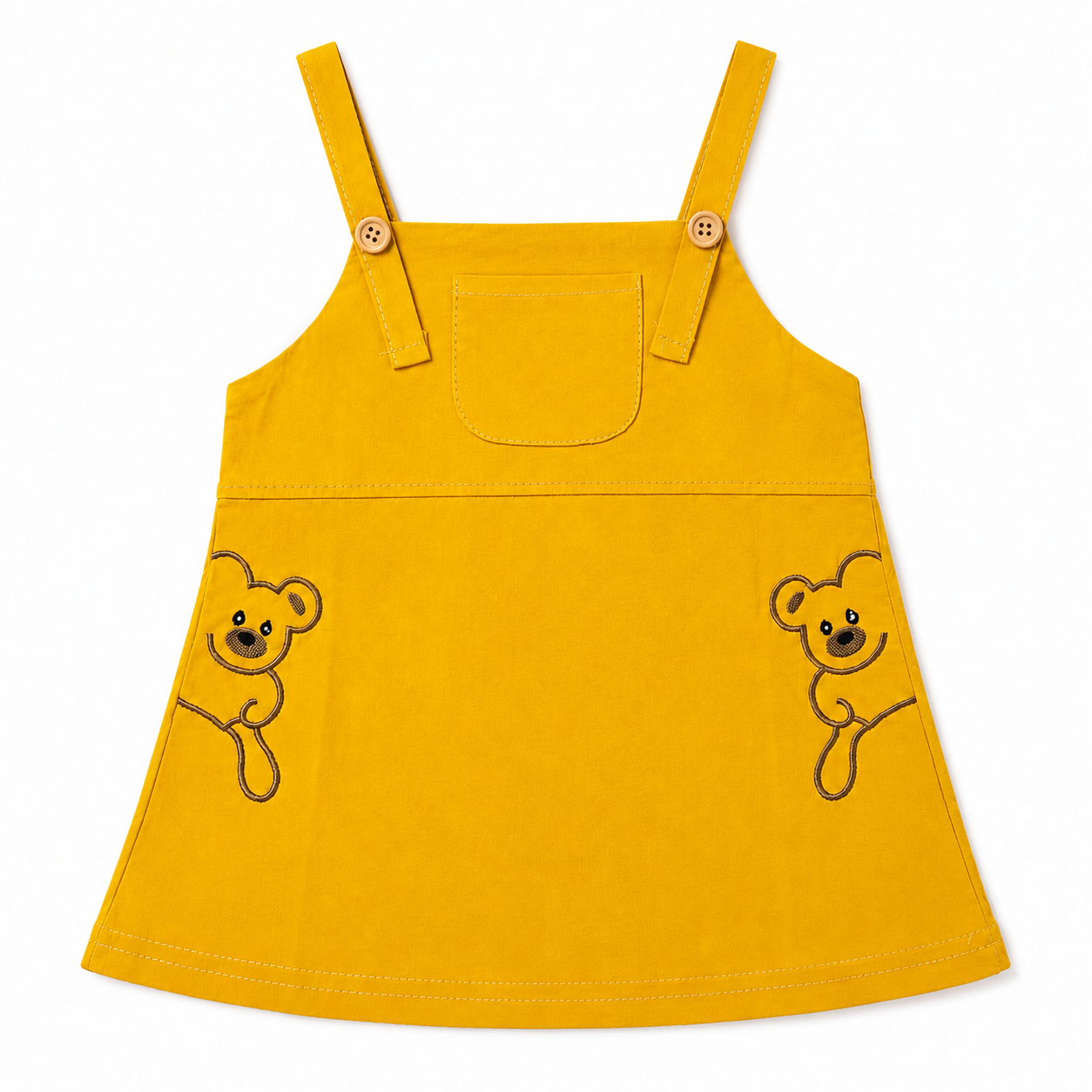 Baby Girls’ Mustard Yellow Pinafore Frock with Teddy Bear Print T-Shirt and Embroidered Details