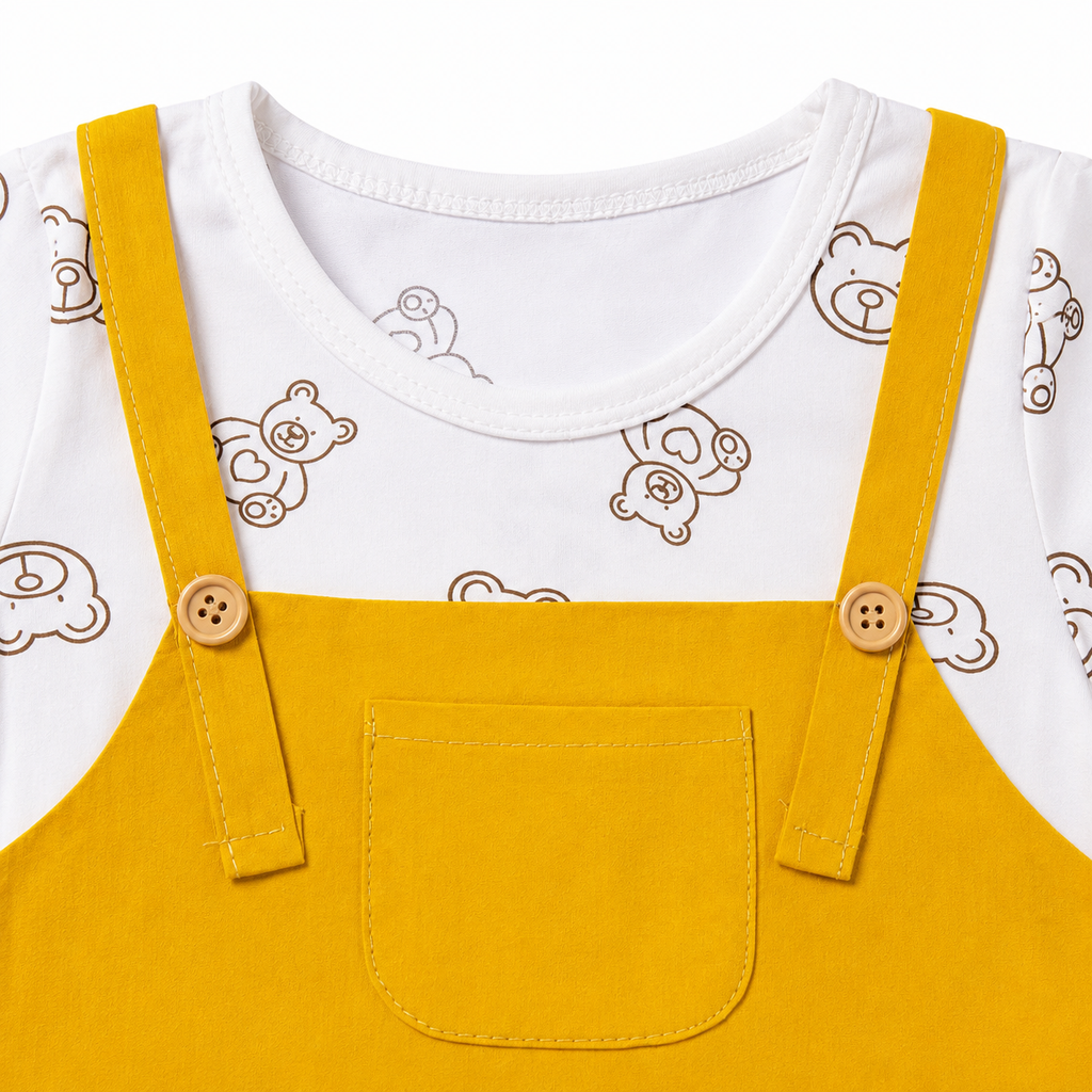 Baby Girls’ Mustard Yellow Pinafore Frock with Teddy Bear Print T-Shirt and Embroidered Details