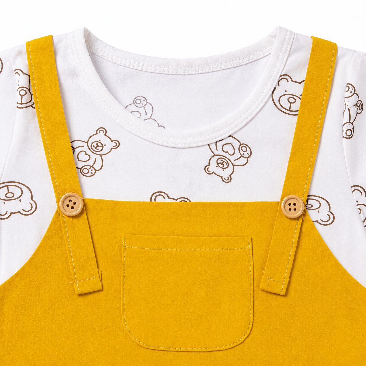 Baby Girls’ Mustard Yellow Pinafore Frock with Teddy Bear Print T-Shirt and Embroidered Details