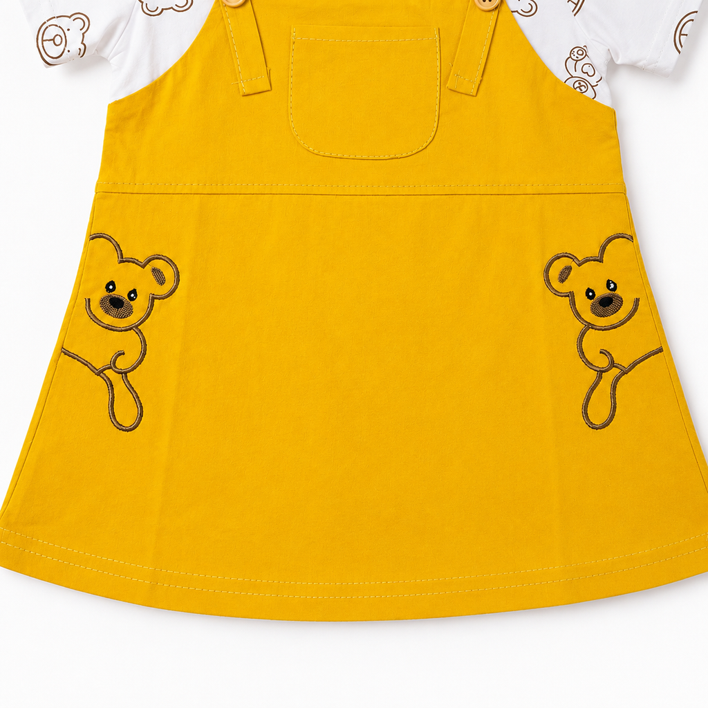 Baby Girls’ Mustard Yellow Pinafore Frock with Teddy Bear Print T-Shirt and Embroidered Details