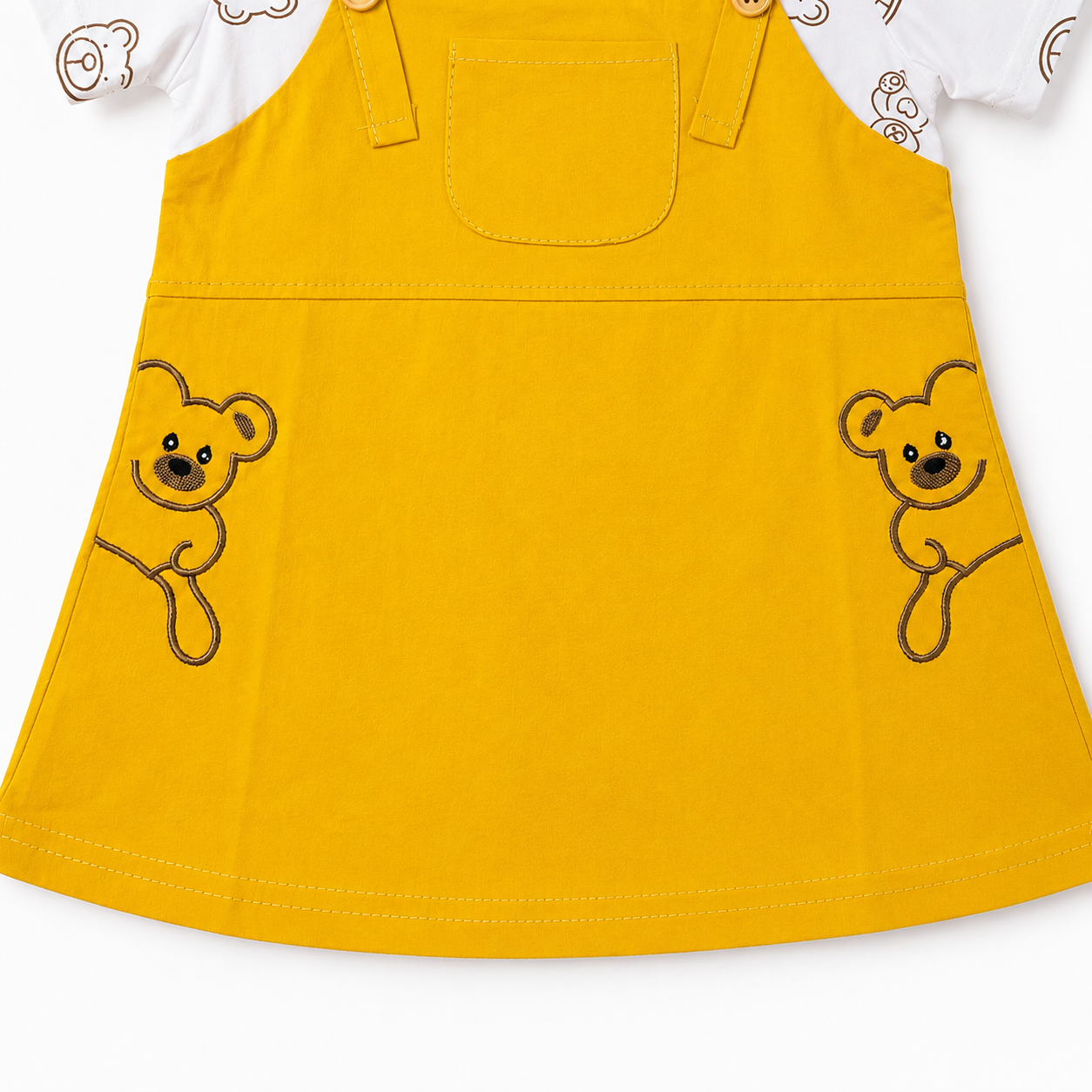 Baby Girls’ Mustard Yellow Pinafore Frock with Teddy Bear Print T-Shirt and Embroidered Details