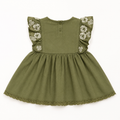 Baby Girls’ Olive Green Ruffle-Sleeve Frock with Floral Embroidery and Lace Hem