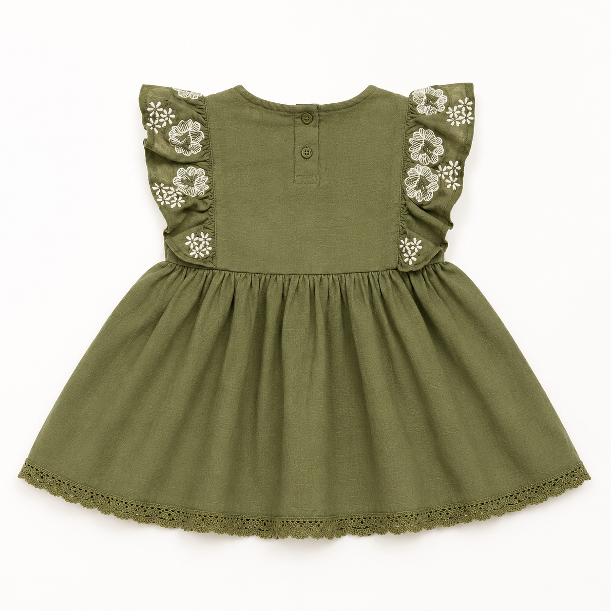 Baby Girls’ Olive Green Ruffle-Sleeve Frock with Floral Embroidery and Lace Hem