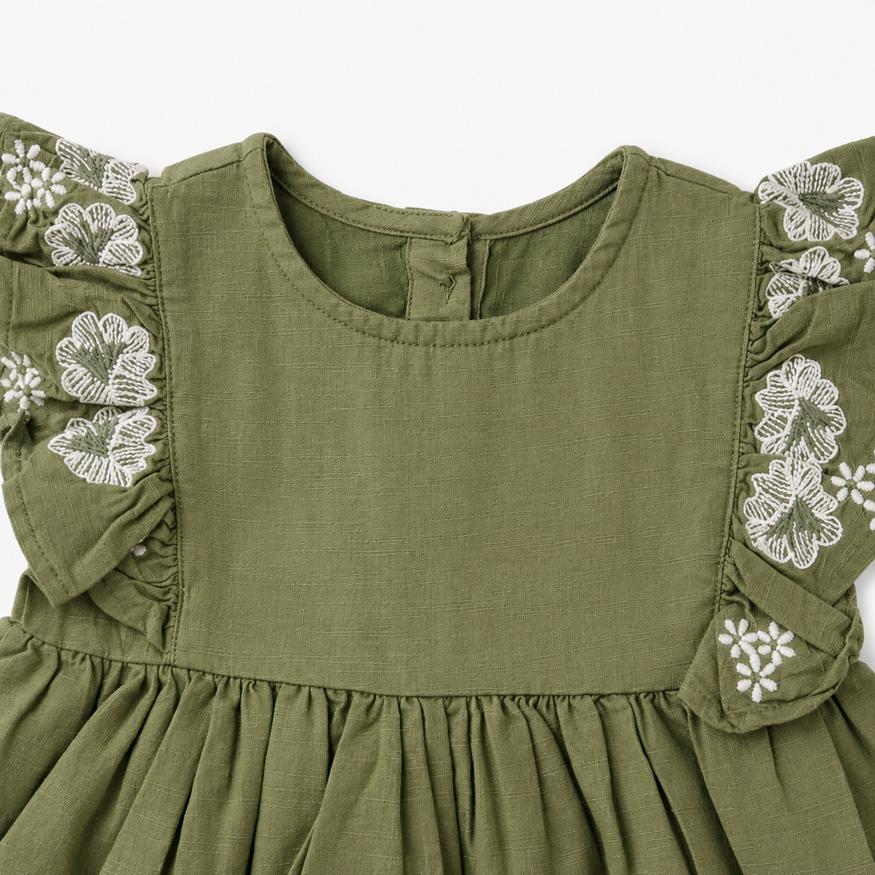 Baby Girls’ Olive Green Ruffle-Sleeve Frock with Floral Embroidery and Lace Hem