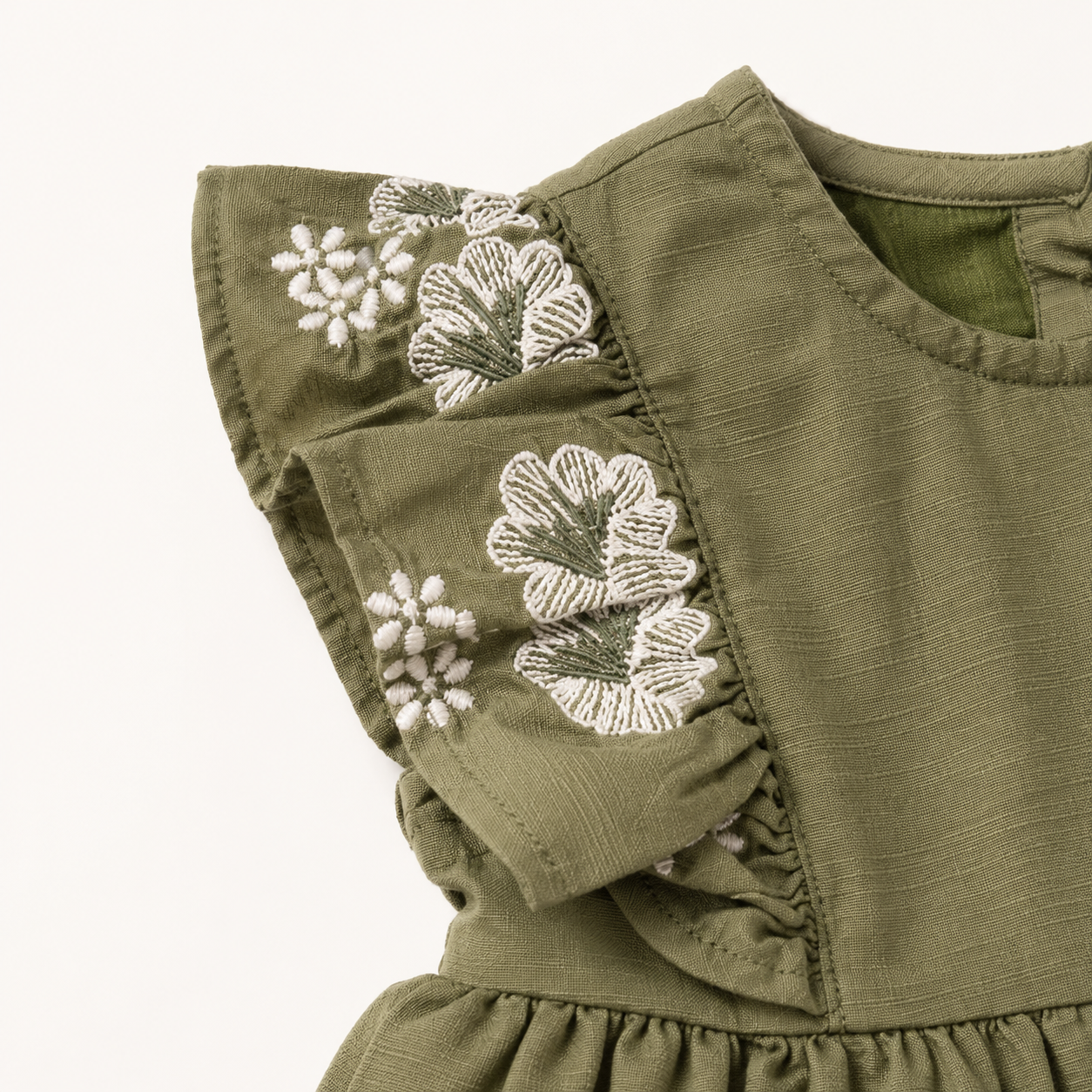 Baby Girls’ Olive Green Ruffle-Sleeve Frock with Floral Embroidery and Lace Hem