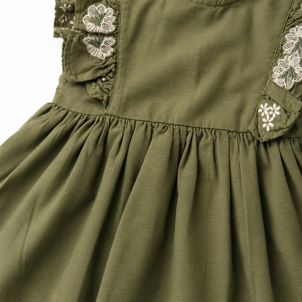 Baby Girls’ Olive Green Ruffle-Sleeve Frock with Floral Embroidery and Lace Hem
