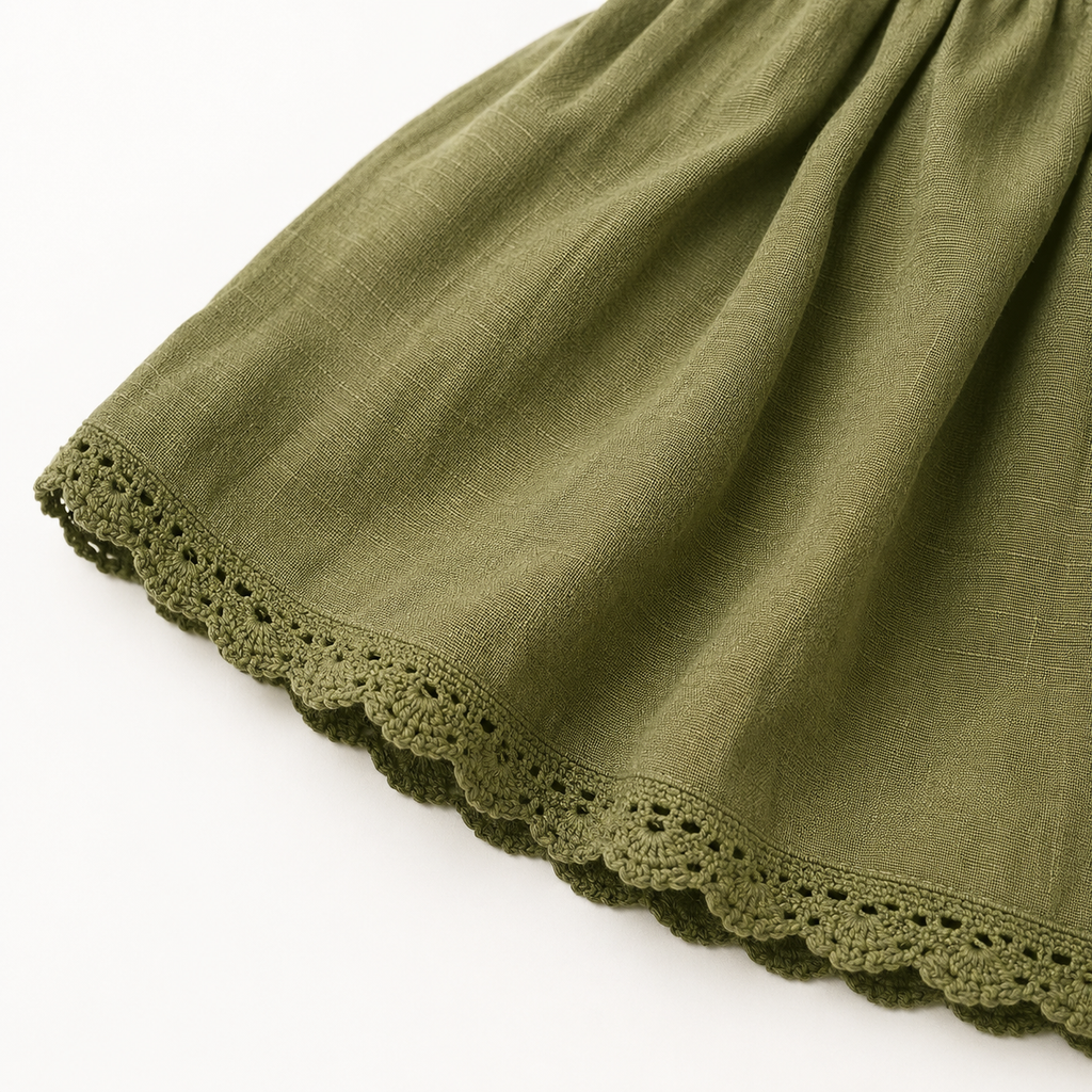Baby Girls’ Olive Green Ruffle-Sleeve Frock with Floral Embroidery and Lace Hem