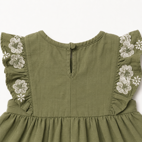 Baby Girls’ Olive Green Ruffle-Sleeve Frock with Floral Embroidery and Lace Hem