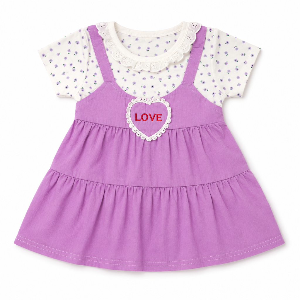 Baby Girls’ Purple Layered Frock with Floral T-Shirt, Lace Collar and Heart Patch