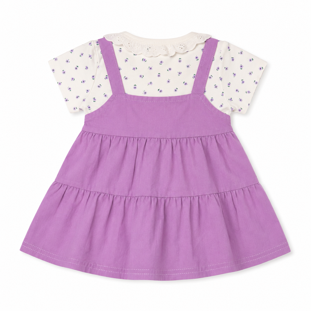 Baby Girls’ Purple Layered Frock with Floral T-Shirt, Lace Collar and Heart Patch