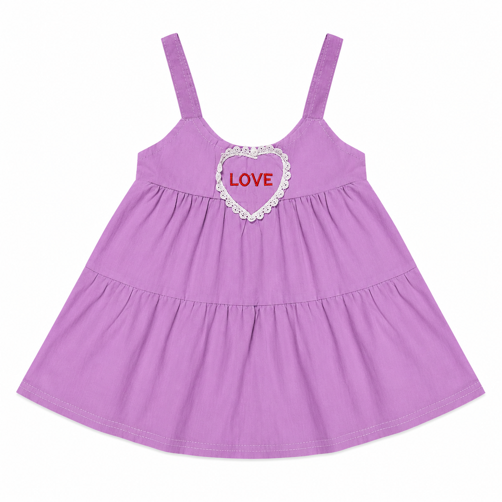 Baby Girls’ Purple Layered Frock with Floral T-Shirt, Lace Collar and Heart Patch