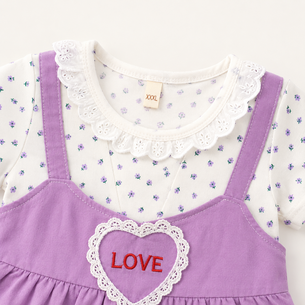 Baby Girls’ Purple Layered Frock with Floral T-Shirt, Lace Collar and Heart Patch