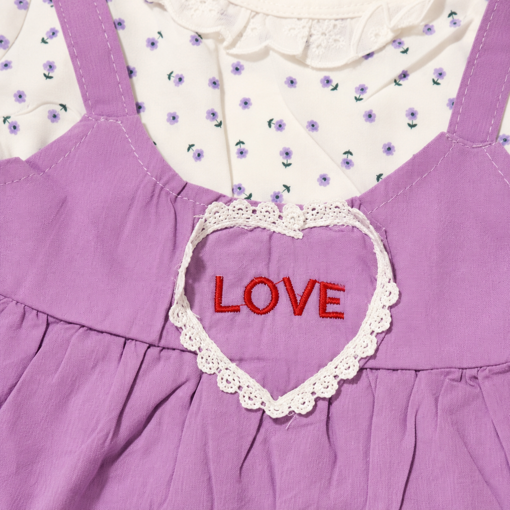 Baby Girls’ Purple Layered Frock with Floral T-Shirt, Lace Collar and Heart Patch