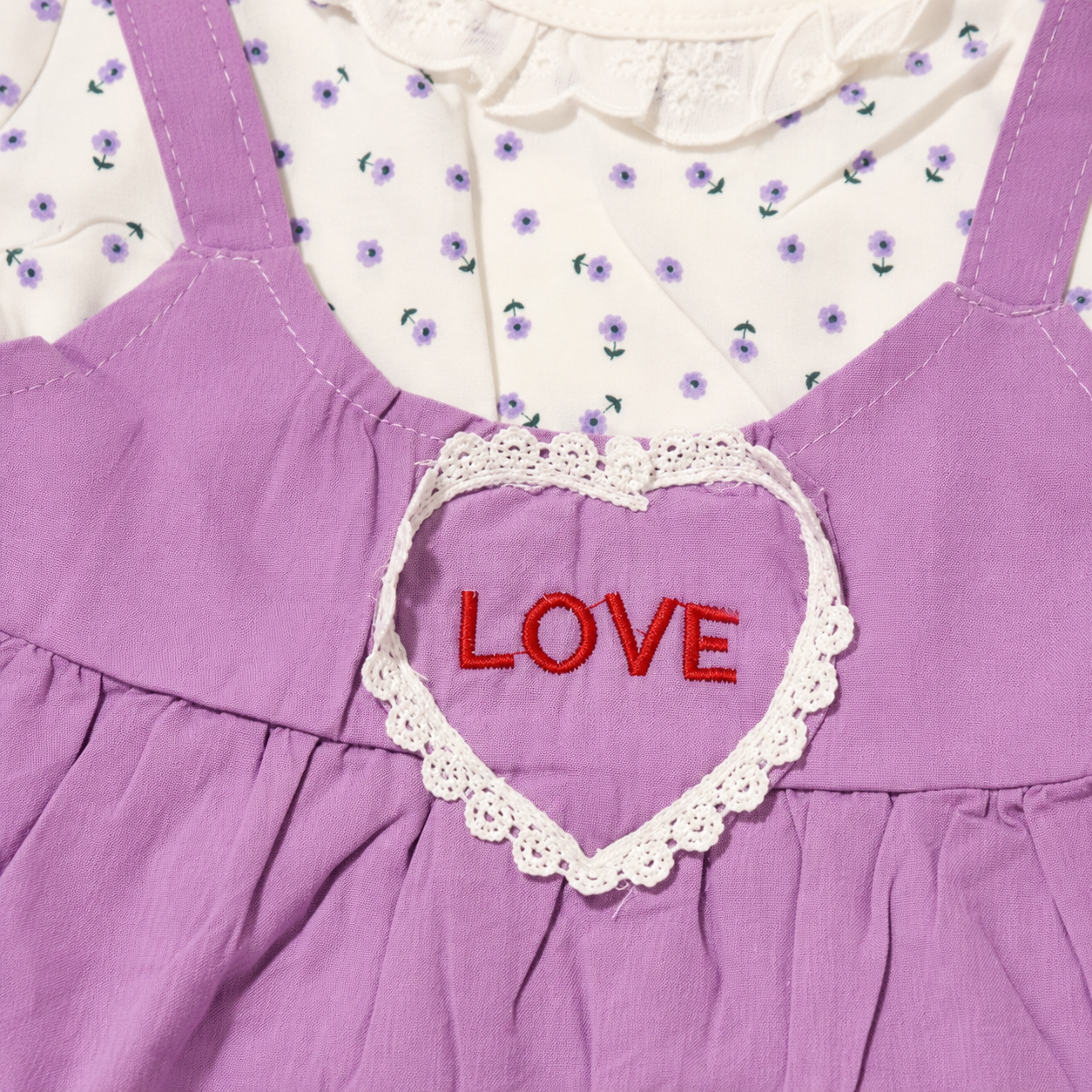 Baby Girls’ Purple Layered Frock with Floral T-Shirt, Lace Collar and Heart Patch