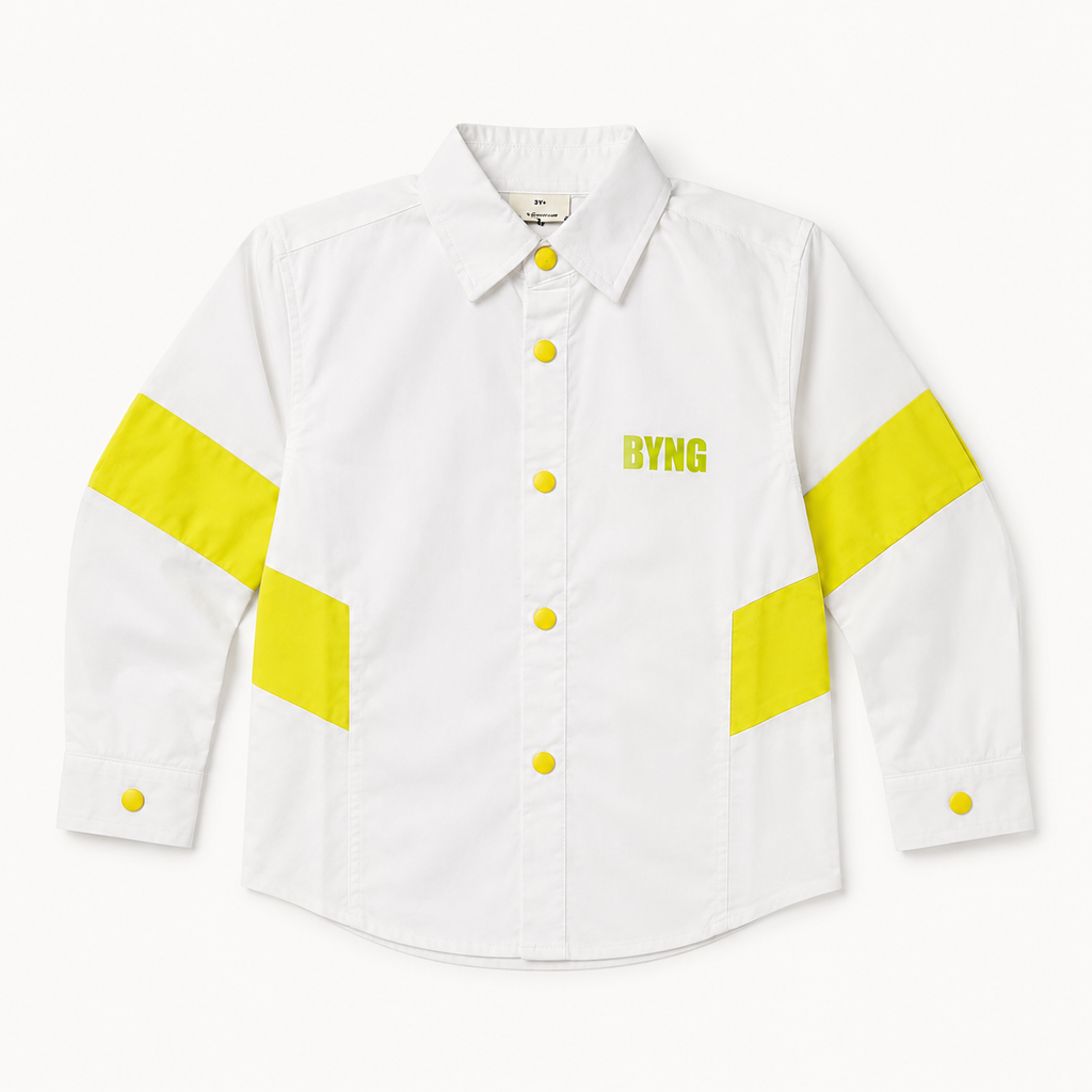 Boys’ White Full-Sleeve Colour-Block Shirt with Neon Yellow Panels and Snap Buttons