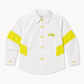Boys’ White Full-Sleeve Colour-Block Shirt with Neon Yellow Panels and Snap Buttons