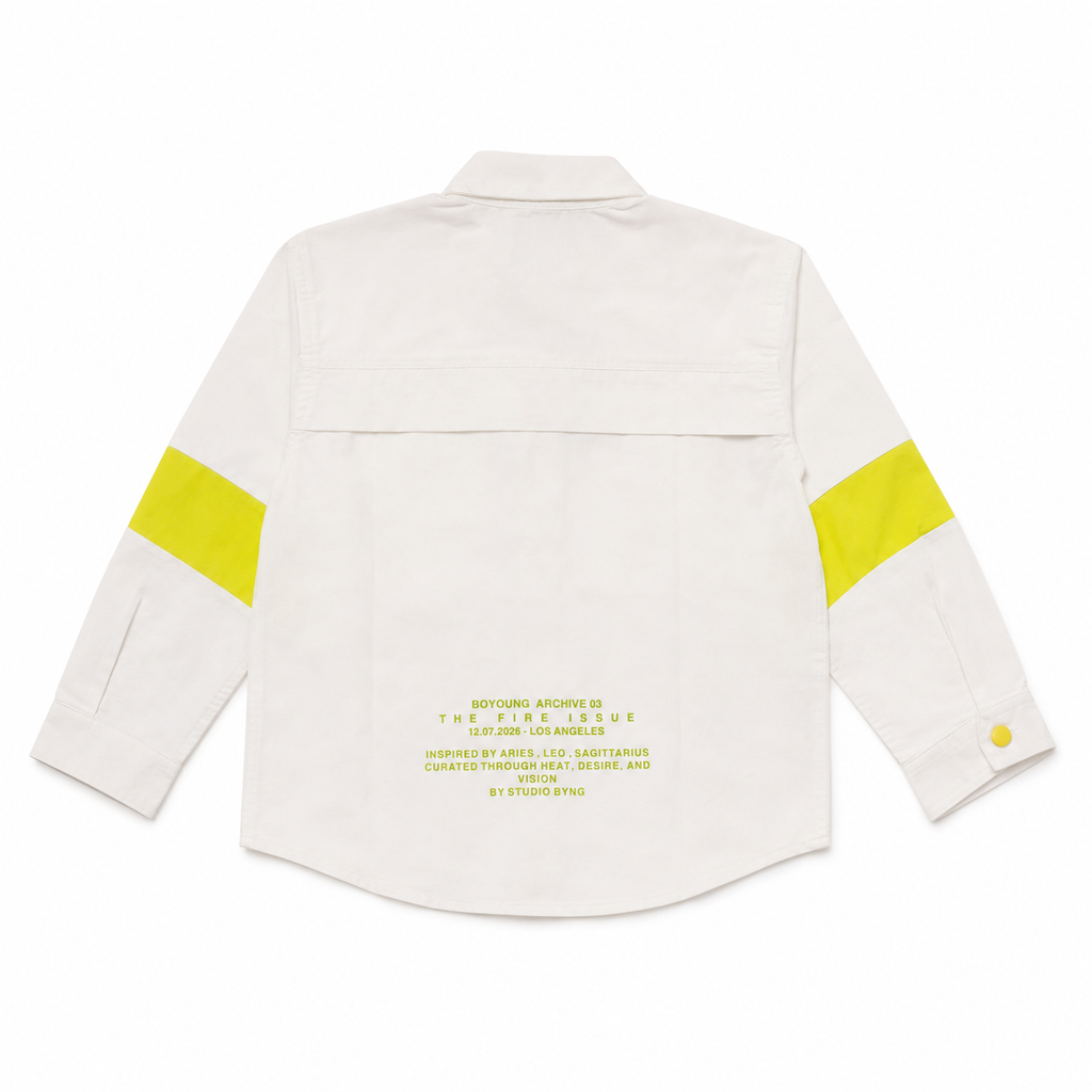 Boys’ White Full-Sleeve Colour-Block Shirt with Neon Yellow Panels and Snap Buttons