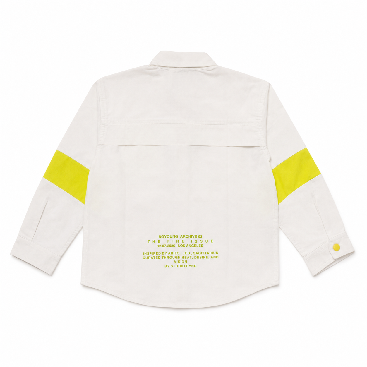 Boys’ White Full-Sleeve Colour-Block Shirt with Neon Yellow Panels and Snap Buttons