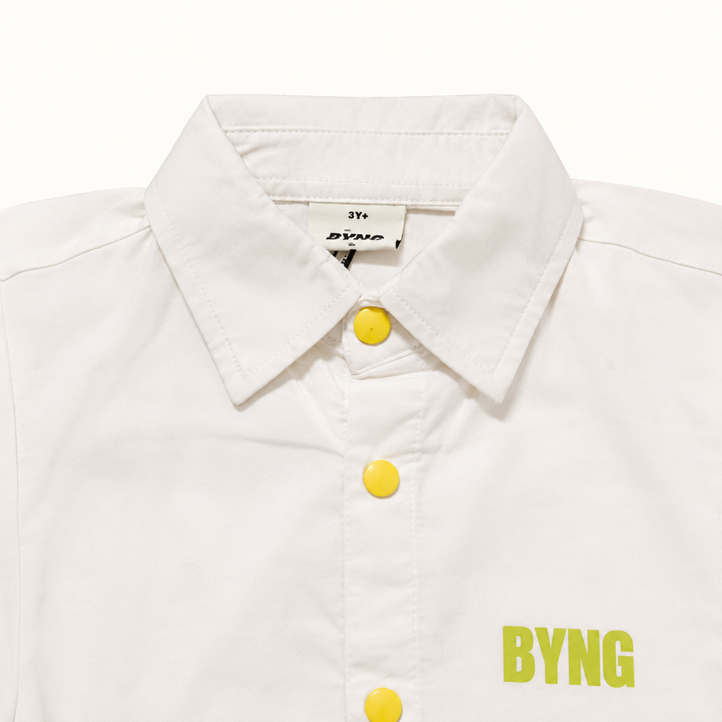 Boys’ White Full-Sleeve Colour-Block Shirt with Neon Yellow Panels and Snap Buttons