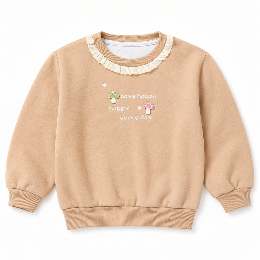 Girls’ Beige Full-Sleeve Sweatshirt with Ruffle Neck and Mushroom Appliqué
