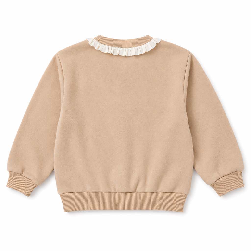 Girls’ Beige Full-Sleeve Sweatshirt with Ruffle Neck and Mushroom Appliqué
