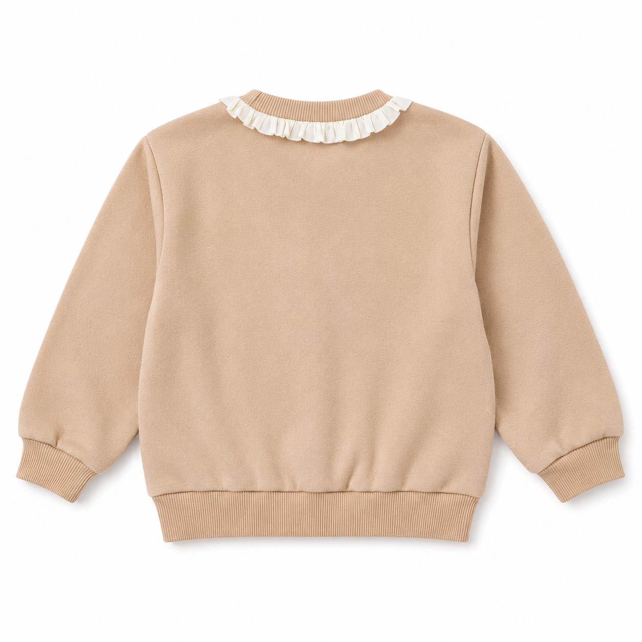 Girls’ Beige Full-Sleeve Sweatshirt with Ruffle Neck and Mushroom Appliqué