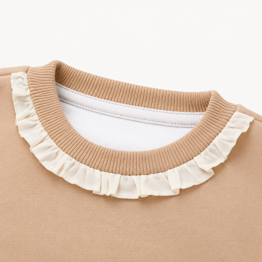 Girls’ Beige Full-Sleeve Sweatshirt with Ruffle Neck and Mushroom Appliqué