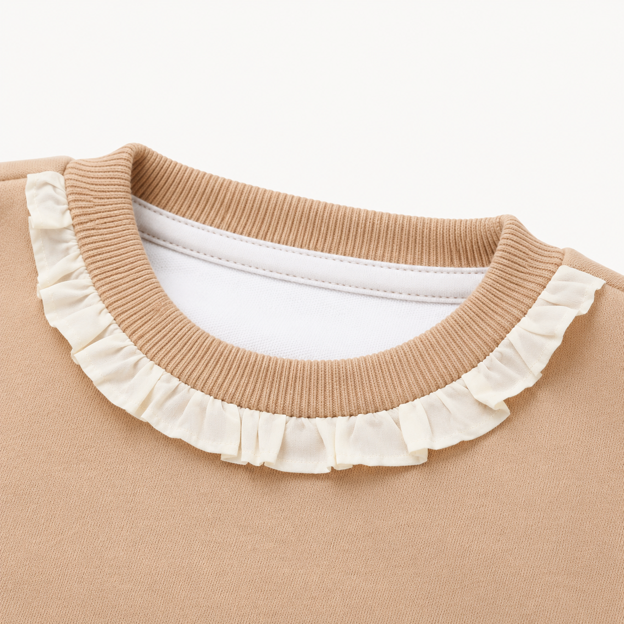 Girls’ Beige Full-Sleeve Sweatshirt with Ruffle Neck and Mushroom Appliqué