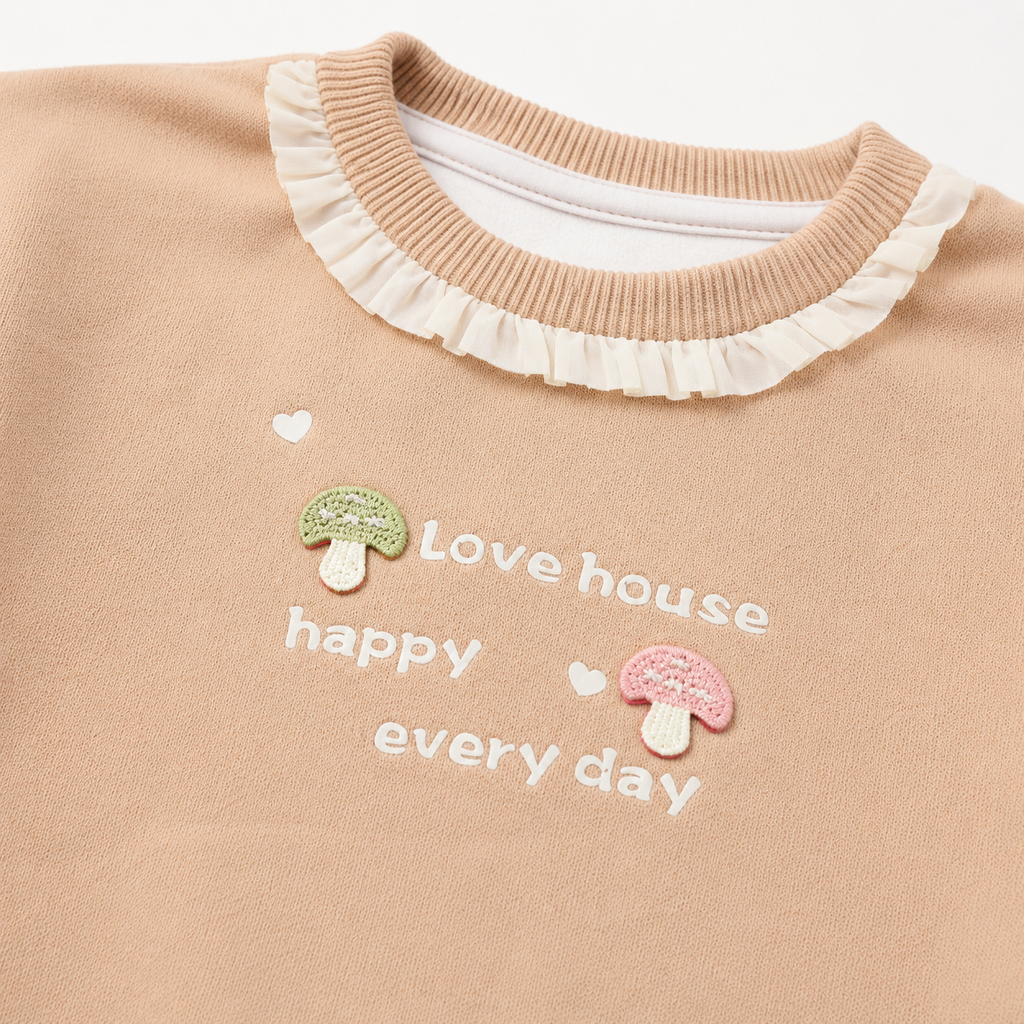 Girls’ Beige Full-Sleeve Sweatshirt with Ruffle Neck and Mushroom Appliqué