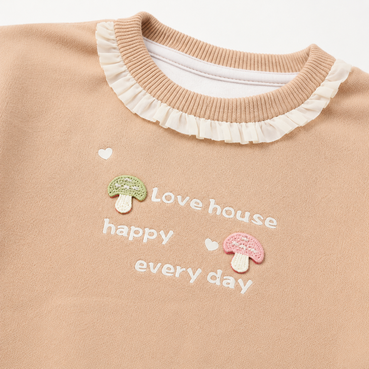 Girls’ Beige Full-Sleeve Sweatshirt with Ruffle Neck and Mushroom Appliqué