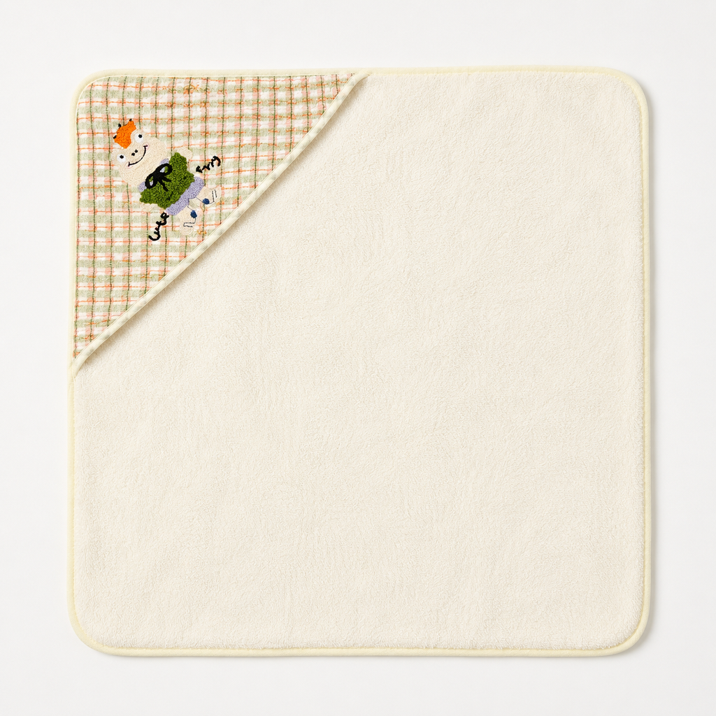 Baby Hooded Bath Towel with Checkered Corner Hood and Cute Frog Embroidery
