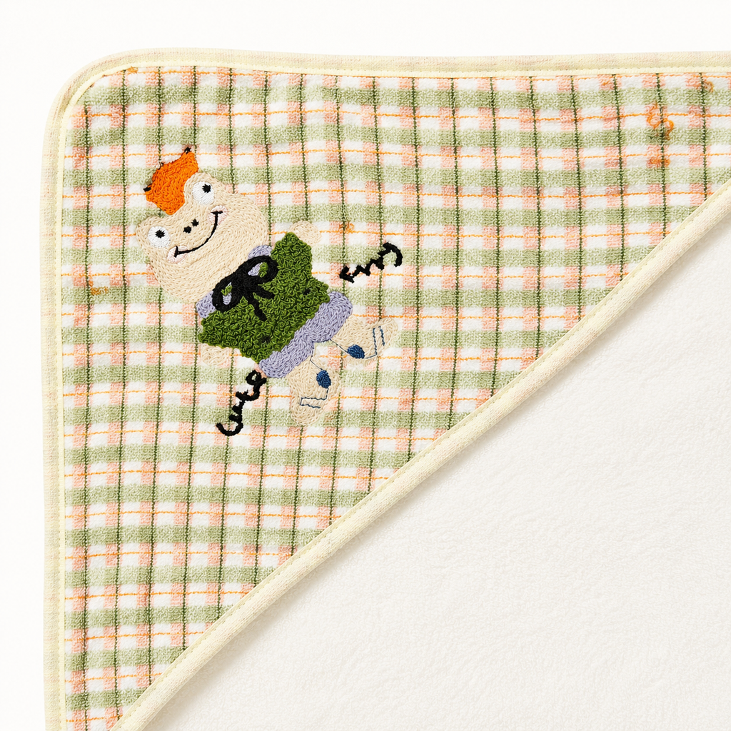 Baby Hooded Bath Towel with Checkered Corner Hood and Cute Frog Embroidery
