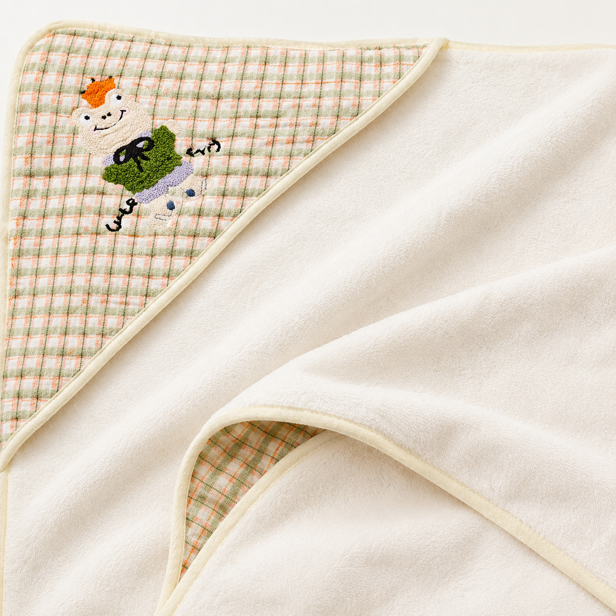 Baby Hooded Bath Towel with Checkered Corner Hood and Cute Frog Embroidery