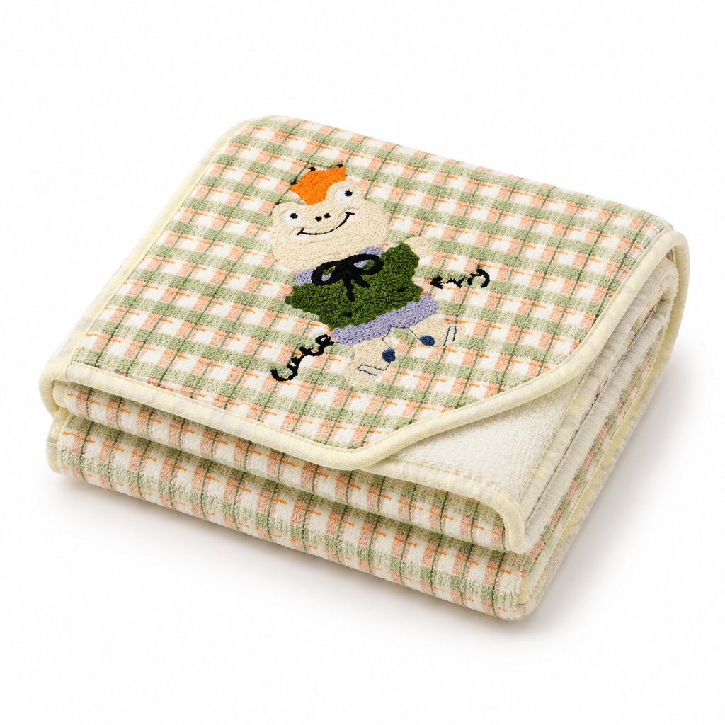 Baby Hooded Bath Towel with Checkered Corner Hood and Cute Frog Embroidery