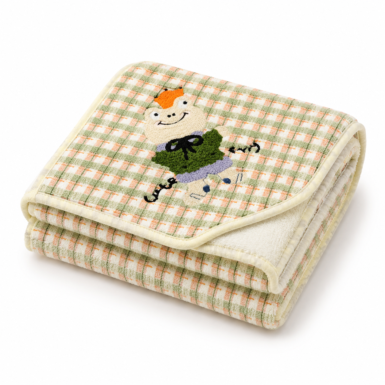 Baby Hooded Bath Towel with Checkered Corner Hood and Cute Frog Embroidery