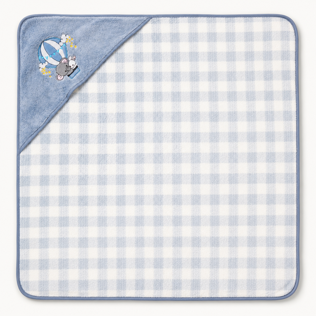 Baby Hooded Bath Towel with Blue Checkered Design and Embroidered Animal Motif