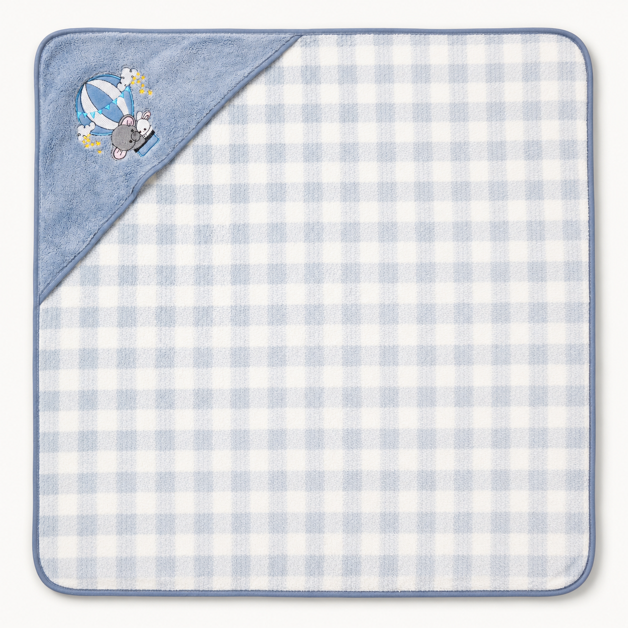 Baby Hooded Bath Towel with Blue Checkered Design and Embroidered Animal Motif
