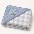 Baby Hooded Bath Towel with Blue Checkered Design and Embroidered Animal Motif