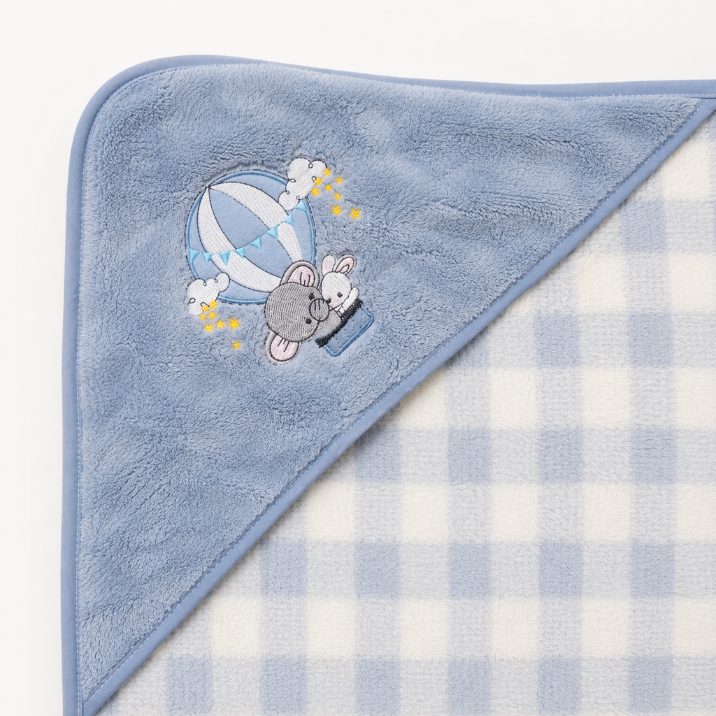 Baby Hooded Bath Towel with Blue Checkered Design and Embroidered Animal Motif