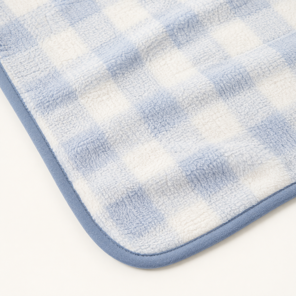 Baby Hooded Bath Towel with Blue Checkered Design and Embroidered Animal Motif