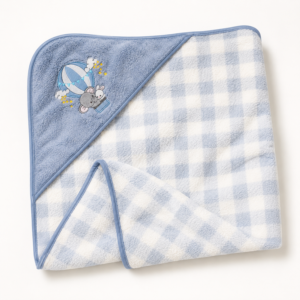 Baby Hooded Bath Towel with Blue Checkered Design and Embroidered Animal Motif