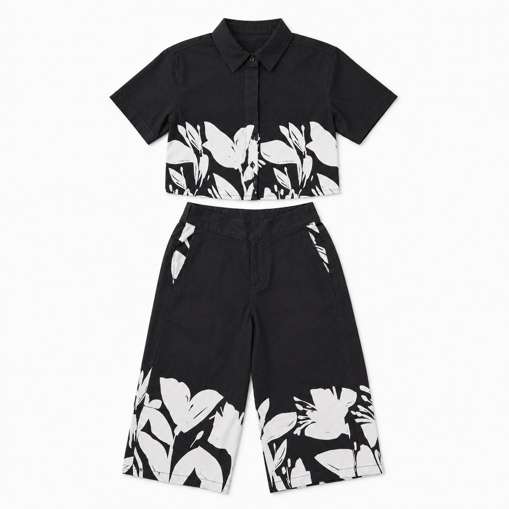Girls’ Black and White Floral Co-Ord Set with Cropped Shirt and Wide-Leg Pants