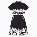 Girls’ Black and White Floral Co-Ord Set with Cropped Shirt and Wide-Leg Pants