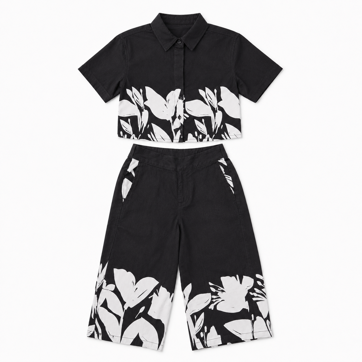 Girls’ Black and White Floral Co-Ord Set with Cropped Shirt and Wide-Leg Pants